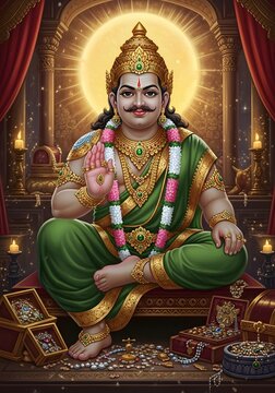 Hindu God Kubera, the Deity of Wealth and Prosperity, seated in a luxurious chamber surrounded by gold and jewels