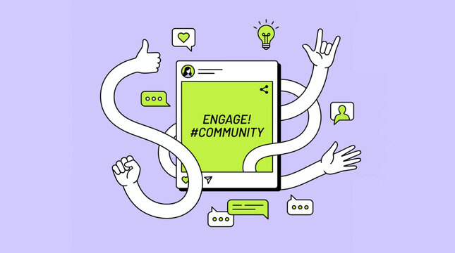 social media post illustration with multiple reaching arms and interaction icons on purple background, concept for digital marketing, social media management and community engagement