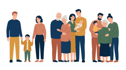 Obraz premium Happy families of successful company managers and retired business executives in flat illustration, concept for financial planning, wealth management and life insurance coverage