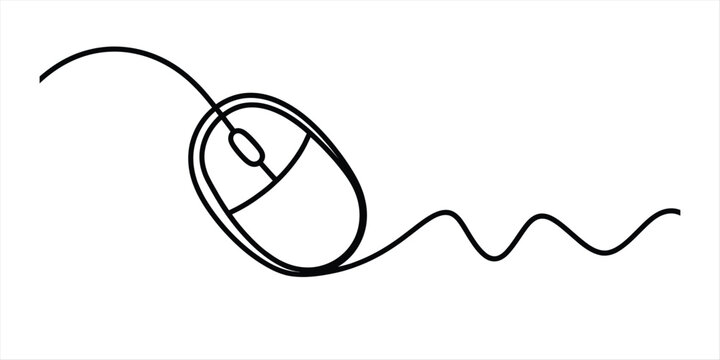 A minimalist black and white line drawing of a computer mouse with its cord creating a wavy pattern, emphasizing simplicity and essential form. Vector, illustration