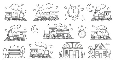Naklejka premium Vintage steam train line art with whimsical elements