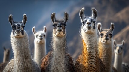 Fototapeta premium Group of llamas standing in a line with long necks raised outdoors