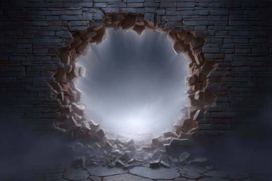 Weathered stone brick wall with broken hole, rough masonry, dark texture, foggy light, abstract ruin