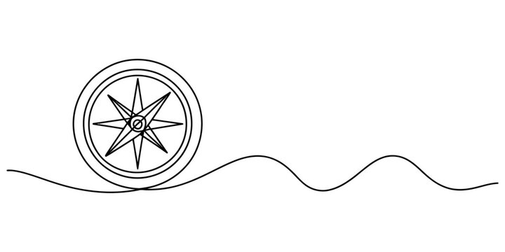 A black and white line drawing of a compass resting on a rolling wave representing travel and the navigation. Vector, illustration