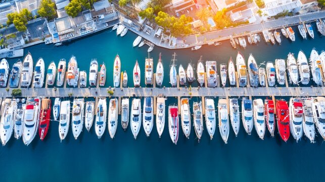 Aerial View of Marina with Boats Docked in Parallel Rows and Clear Water