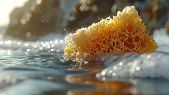 A porous, yellow object floats in the water, surrounded by foamy white bubbles and reflections