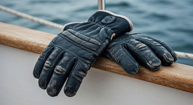 Black sailing gloves on boat.