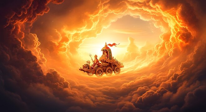 Divine Chariot with Hindu Deities Amidst Golden Celestial Clouds, Epic Mythology Scene