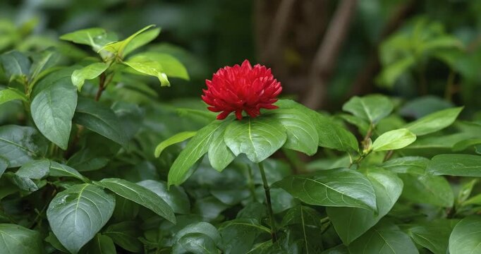 A vibrant red flower with intricately layered petals creates a stunning focal point amidst a lush backdrop of deep green foliage. The delicate bloom, rendered with a soft focus background, exudes a se