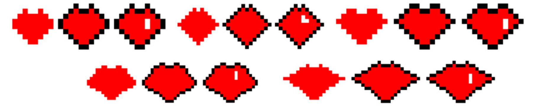 Large set of 8-bit pixel art hearts and lips children's pixel art
