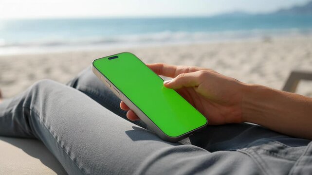 Hand Holding Smartphone with Green Screen Mockup at the Beach