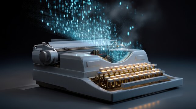 Vintage typewriter with glowing digital data particles emerging, blending classic writing tools and futuristic technology in a dark, abstract setting.