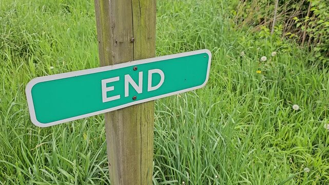 End of the road sign on wooden post with grassy area surrounding