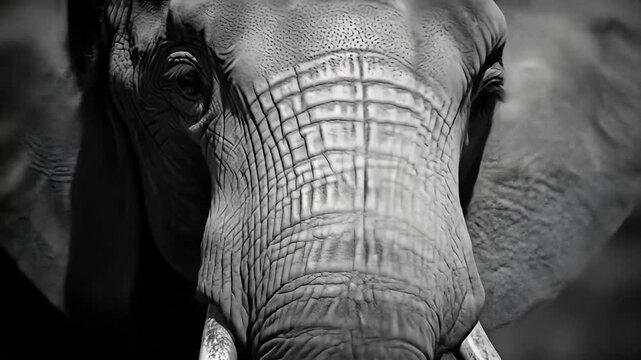 Close-up, grayscale portrait of an elephant face showing skin texture & wrinkles