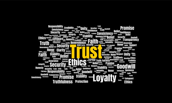 Conceptual Typographic Word Cloud Illustration Emphasizing Trust.  Ethics and Essential Business Values Principle.