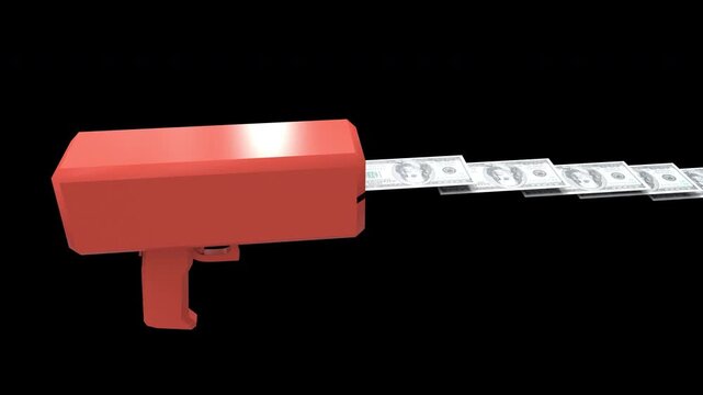 Money machine gun shoots discount coupons event, voucher, money 3d render animation with alpha channel