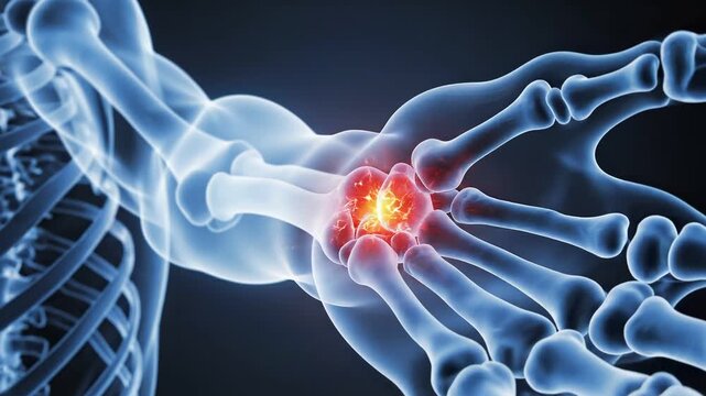 Human skeleton with glowing blue bones and highlighted wrist joint pain