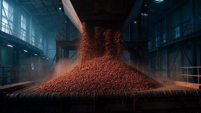 Industrial Pellet Processing Facility Showing Bulk Material Flow on a Conveyor Belt System