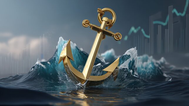 A golden anchor floats amidst turbulent ocean waves with financial graphs in the background, symbolizing stability in uncertain economic waters.