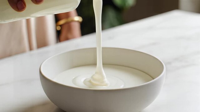 Pouring Fresh Creamy Milk into a White Bowl on a Kitchen Counter