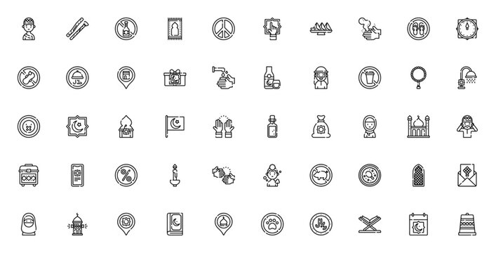 Muslim icon set. Islamic symbols vector collection. Includes Hajj, Halal, Mosque, Quran, Prayer, Fasting, Zakat and more. Editable line icons.