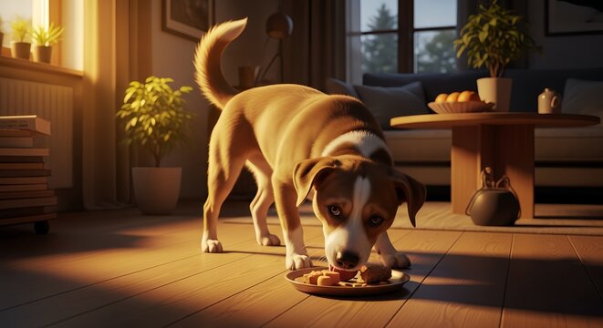 A hungry brown and white puppy licking tasty food or biscuits from a plate on a wooden floor in a cozy, sunlit living room.