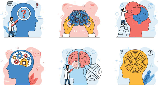 Mental health and psychology concept collection with human head brain puzzles problem solving therapy and thinking illustration set