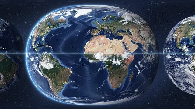 Three detailed globes of a planet in space, showing continents and oceans in a cosmic scene