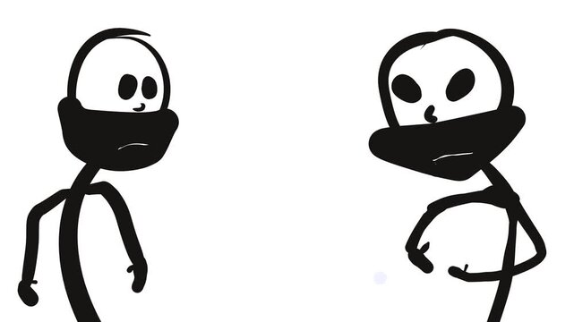 Two bearded characters or cartoon people are talking about something, speaking in turns.