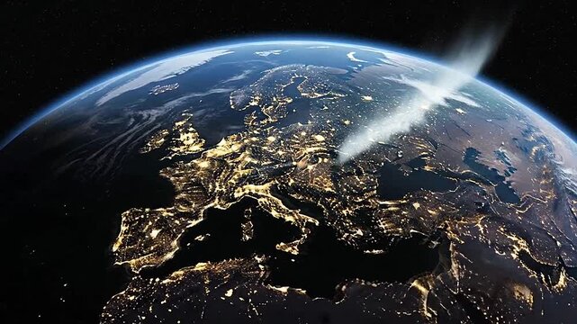 A beautiful view of the planet from space, showing the lights of cities at night time