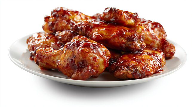 白い皿に盛られた甘辛いソースの手羽先チキンのクローズアップ