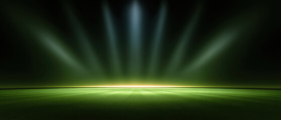 Empty football stadium with green light beams and dark broadcast background for sport event stage