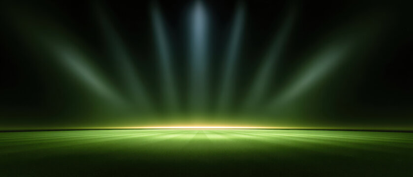 Empty football stadium with green light beams and dark broadcast background for sport event stage