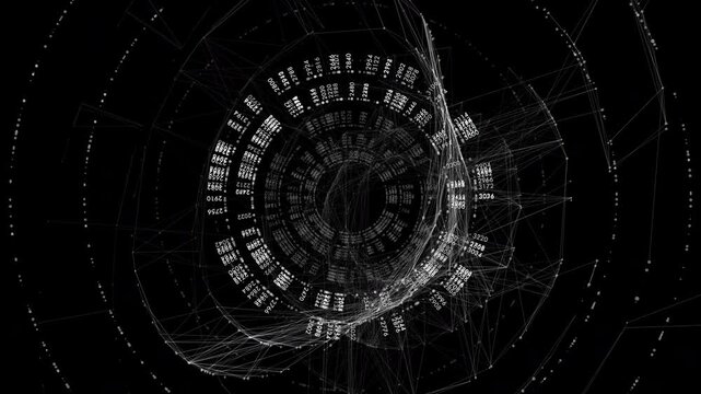 A complex, rotating digital HUD showing circular data processing and encrypted information. Ideal for cybersecurity, engineering, and advanced computing themes.