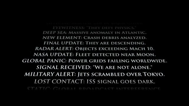 A dark, atmospheric display of breaking news headlines regarding UFO sightings and signal interference. Ideal for sci-fi storytelling, mystery trailers, and viral news content