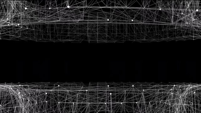 A clean digital border featuring top and bottom white wireframe plexus structures. Perfect for framing text in technology presentations, sci-fi titles, and corporate data videos.