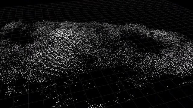 A high-tech point cloud terrain visualization featuring a digital grid. Ideal for scientific titles, high-tech background art, and cinematic data processing sequences.