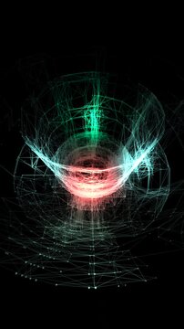 A vibrant digital core pulsing with quantum energy and glowing wireframe particles. Perfect for high-tech themes, futuristic energy concepts, and vertical digital bursts.