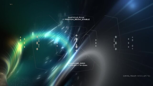 High-tech HUD displaying particle flux and collision energy within a collider tunnel. Ideal for quantum mechanics, nuclear research, and future technology documentaries.