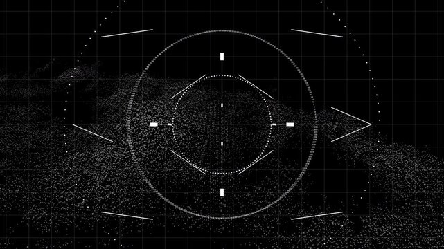 A precision targeting reticle over a white point cloud terrain. Perfect for military tech visualizations, drone HUDs, data mapping, and futuristic gaming interfaces.
