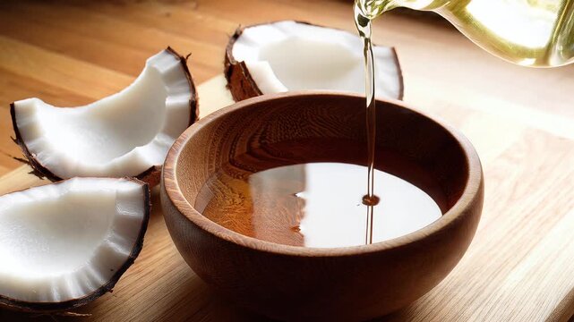 Pouring Pure Organic Coconut Oil Into a Wooden Bowl