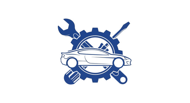 Car repair service logo with wrench screwdriver and gear.