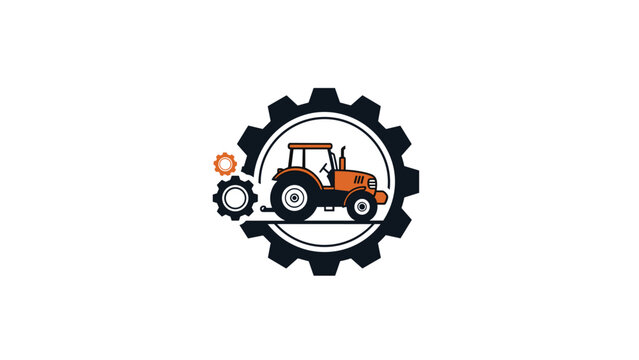 Industrial logo featuring an orange farm tractor enclosed within a large black gear and smaller colorful gears on a white background.