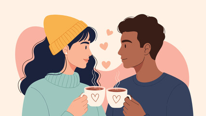Fototapeta premium Diverse couple shares a romantic and cozy moment while looking at each other and holding warm coffee mugs with heart designs.