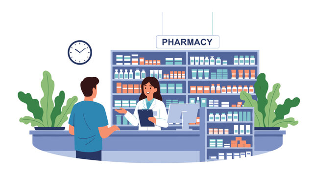 Professional female pharmacist in a white coat consulting a male customer at a counter stocked with various pharmaceutical products.