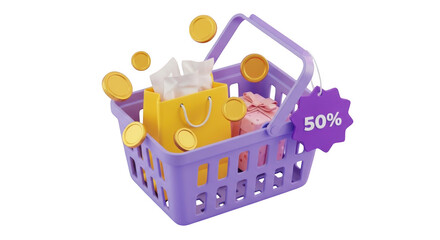 Naklejka premium Shopping basket with gift and coins isolated on transparent background