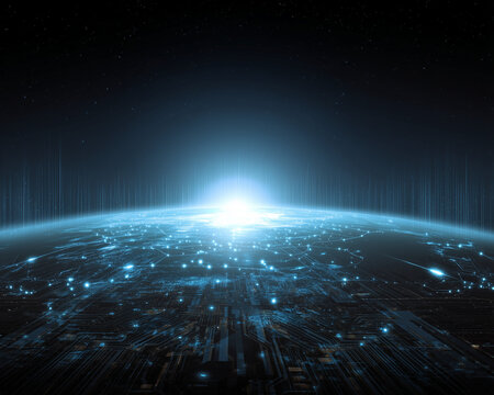 Futuristic digital world abstract technology background with glowing circuit board patterns and data streams