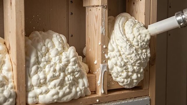 Applying expanding foam insulation to a wooden frame for construction purposes indoors