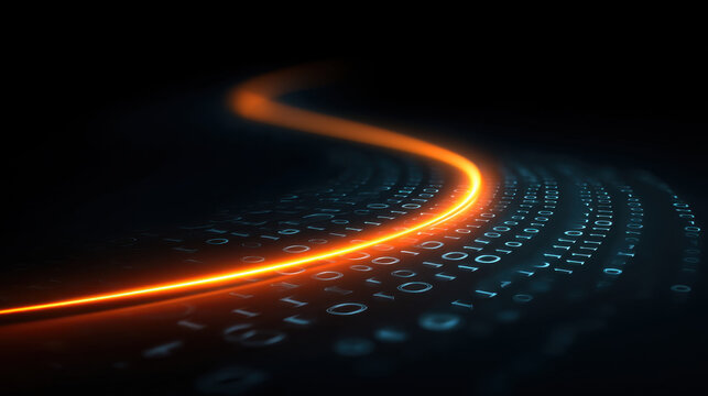 Glowing binary data stream across dark digital background, abstract technology wave with orange light and blue code