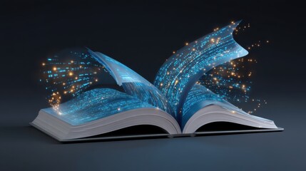 Fototapeta premium An open book with glowing digital pages and streaming light particles representing knowledge and technology blending with traditional reading.